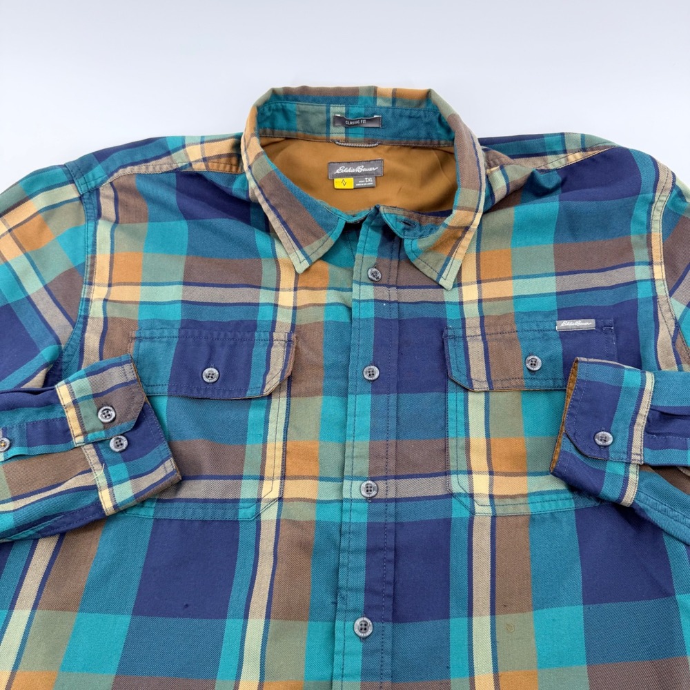 Eddie Bauer Classic Fit Plaid Button Down Shirt Teal Navy Tan 2XL Mens